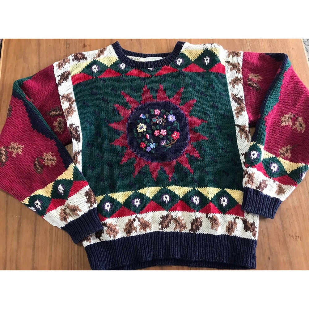 VTG 1989 The Eagles Eye Cottage Core Folk Art Flower Hand Knit Sweater Size L